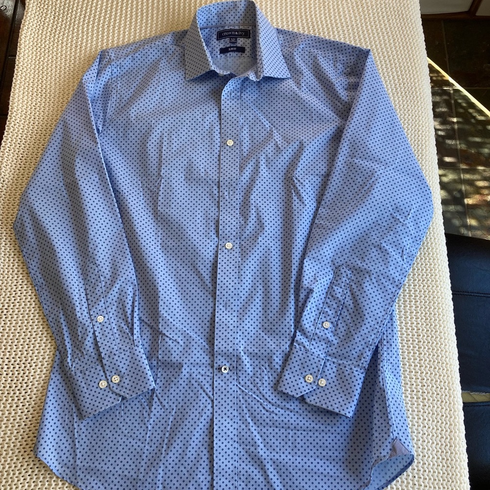 Mens Crown & Ivy longsleeved slimfit dress shirt blue sz 15- 15 1/2 sleev 32/33